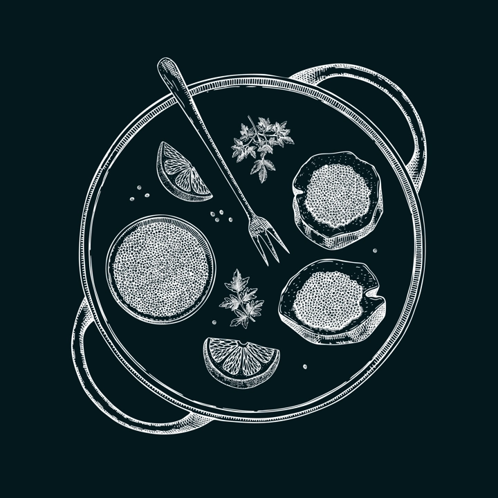Hand drawn tray with black caviar canape with lemons and spices on chalkboard. Canned seafood sketches. Vector illustration in vintage style.